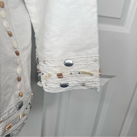 Sz M Gretchen Scott Linen Blend White Shell& Rock Embellished 3/4 Sleeve Blouse - Picture 11 of 16